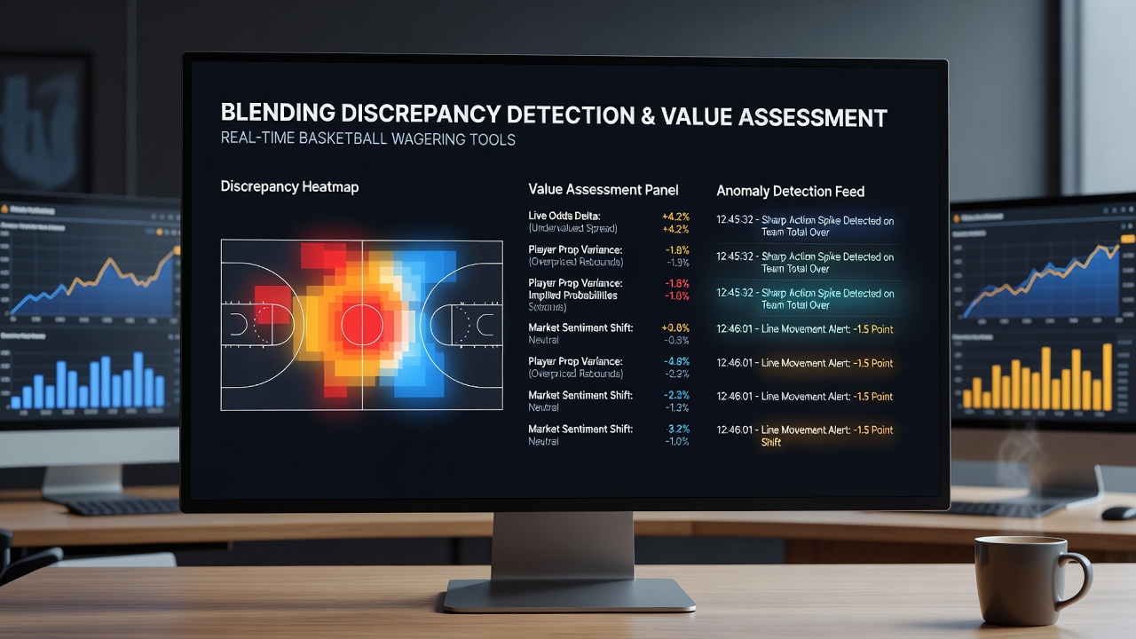 Close-up of value assessment calculations overlaid on live basketball odds scanner interface