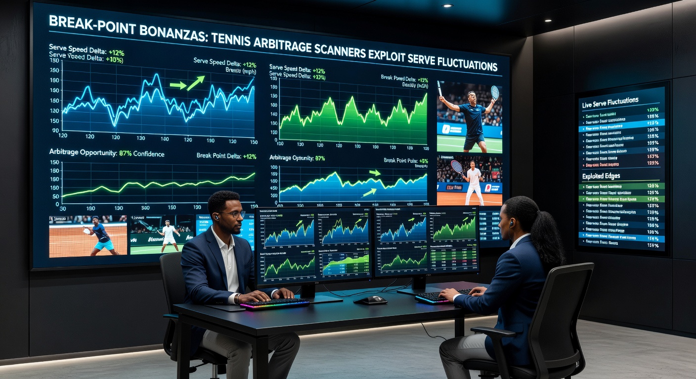 Close-up of tennis scoreboard showing live odds divergence on a break point, with scanner interface highlighted in the foreground during a 2026 clay tournament