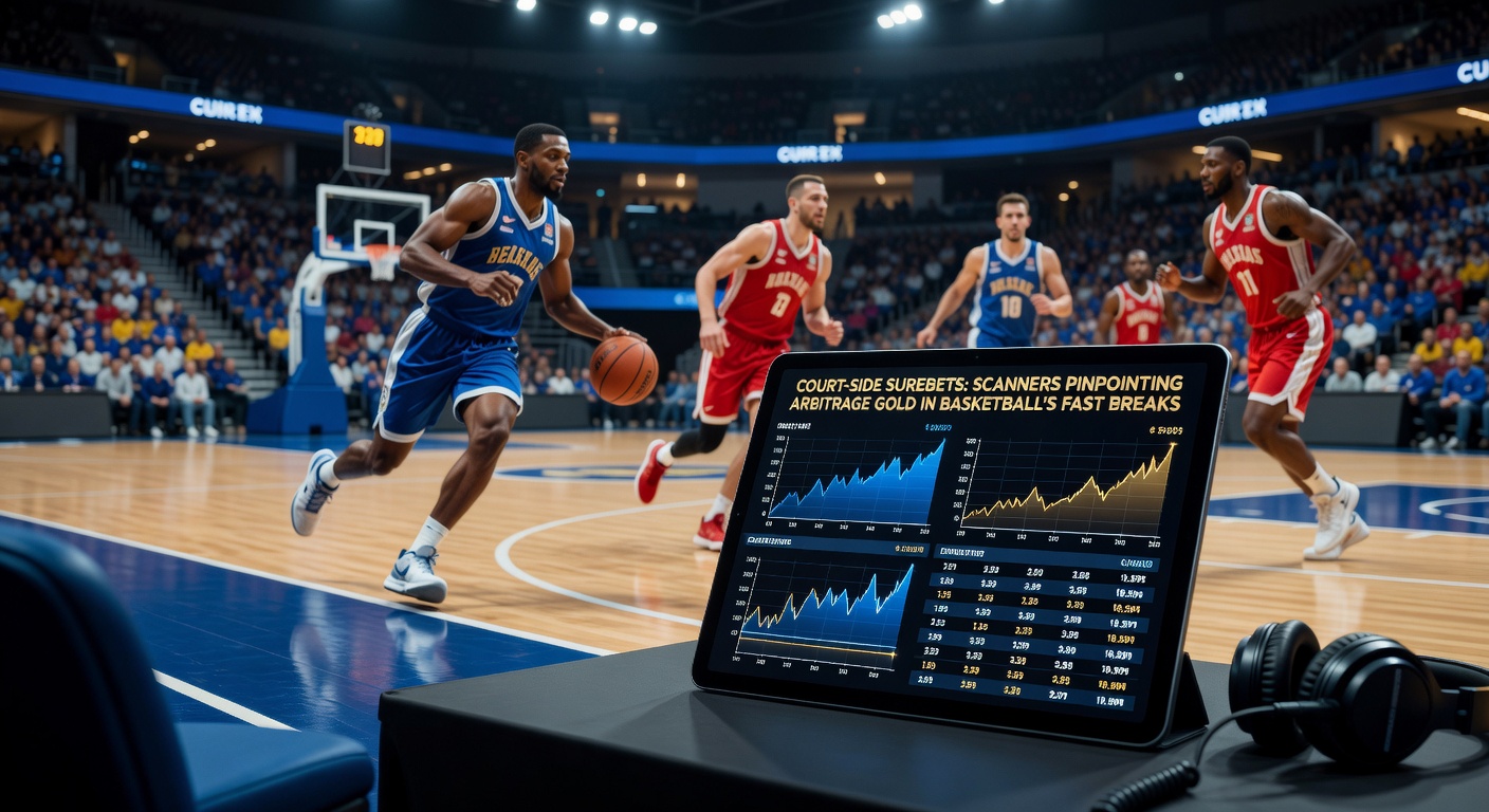 Dynamic basketball fast break with overlaid scanner interface highlighting surebet opportunities on multiple bookmakers