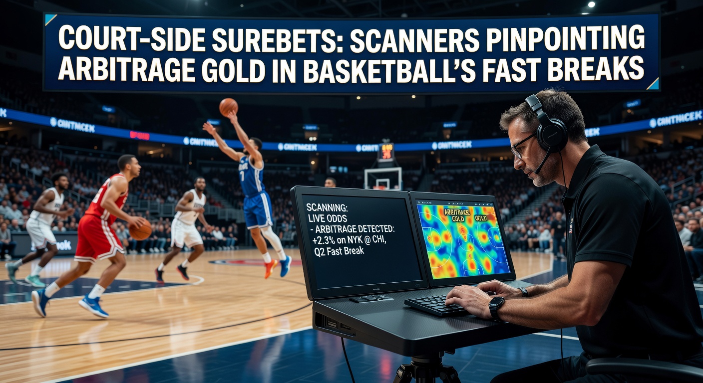 Close-up of basketball scanner dashboard displaying live surebet alerts during an NBA fast break, with odds tables and profit calculators