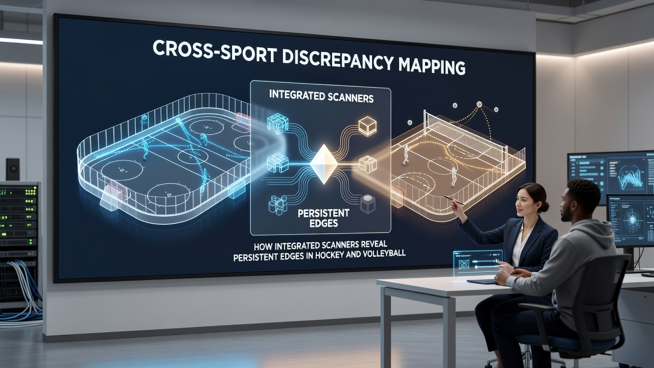Volleyball arena with overlaid scanner data feeds comparing live odds to hockey benchmarks