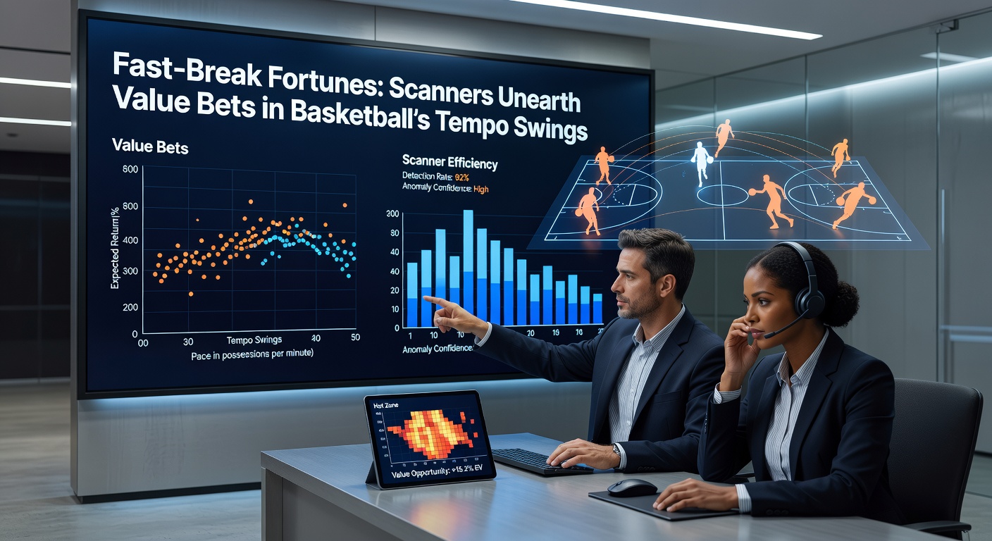 Dynamic basketball fast break with players racing down the court, highlighting tempo shifts that scanners exploit for value bets