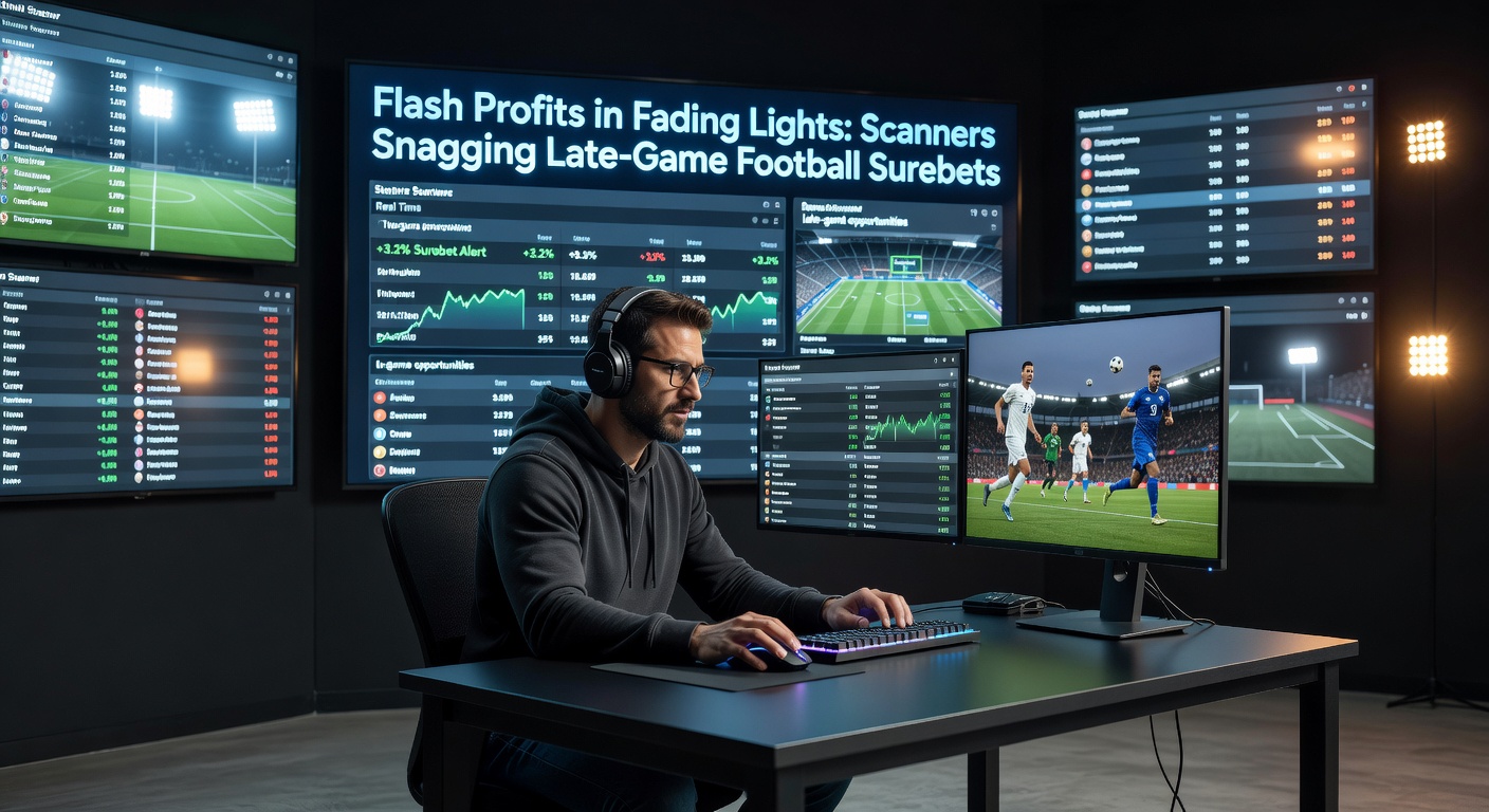 Real-time scanner dashboard highlighting a late-game football surebet opportunity with diverging odds across bookmakers