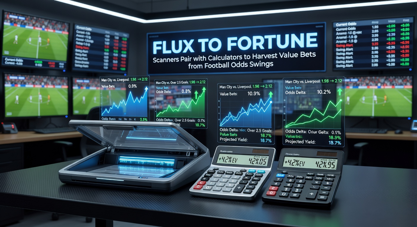 Digital dashboard showing real-time soccer odds fluctuations across multiple bookmakers, with scanner alerts highlighting potential value bets