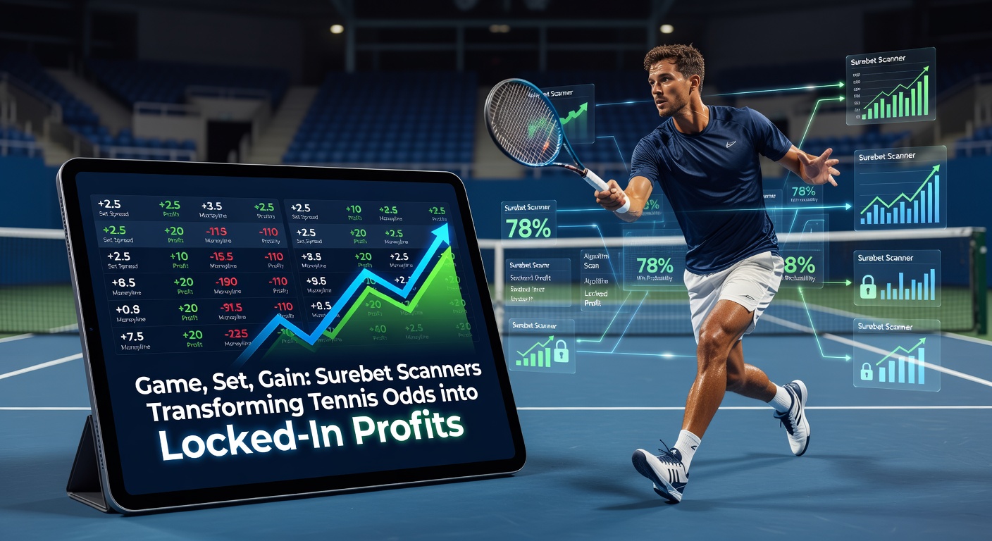 Digital dashboard of a surebet scanner displaying live tennis odds discrepancies across multiple bookmakers, highlighting profitable arbitrage opportunities in a Wimbledon match