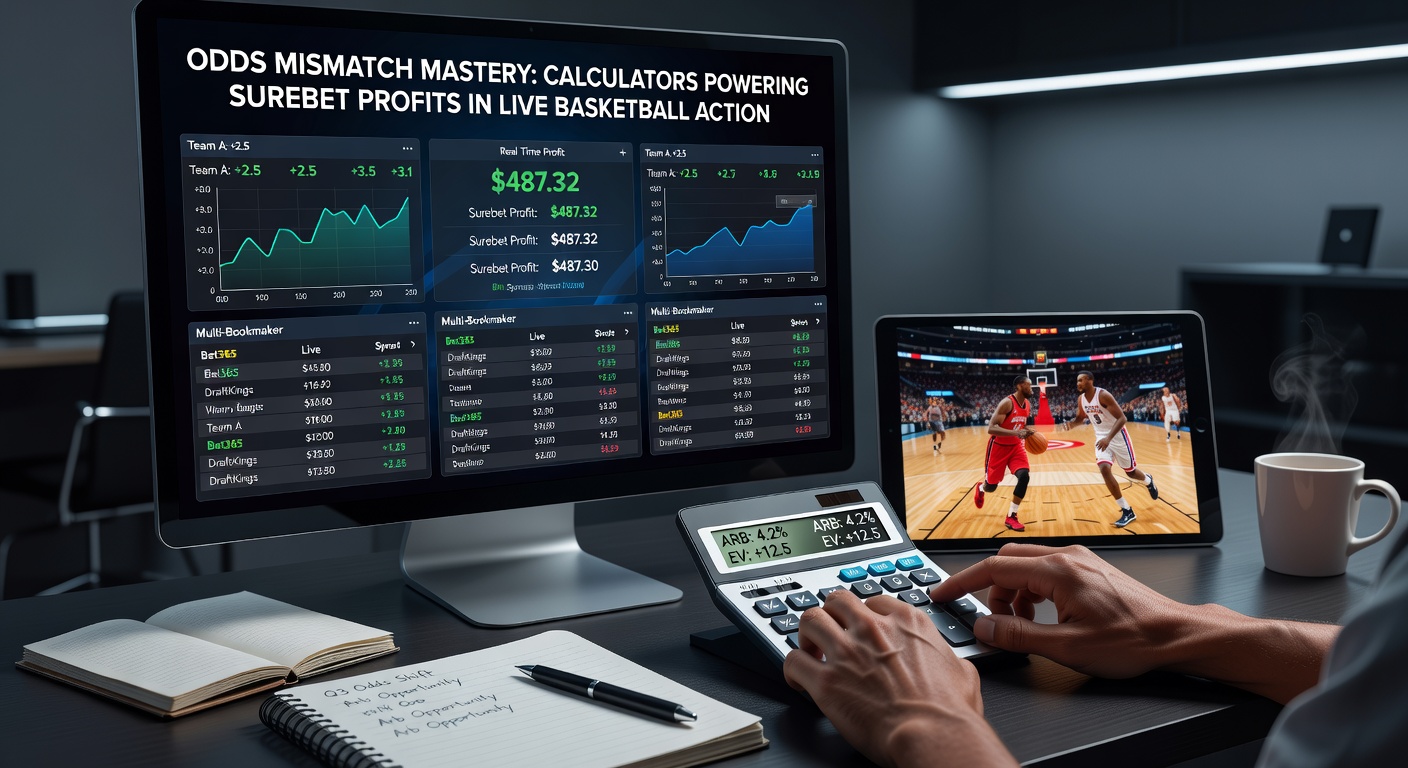 Digital dashboard displaying live basketball odds from multiple bookmakers, highlighting a surebet opportunity with profit margins highlighted in green