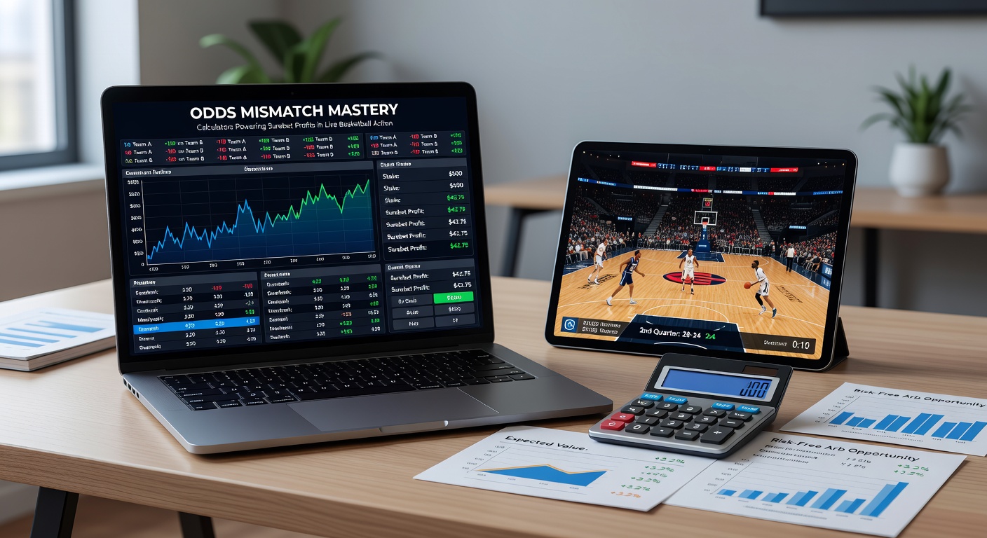 Close-up of a surebet calculator interface during a live NBA game, showing stake allocations for spread, moneyline, and total bets across three bookmakers with a projected 2.8% profit
