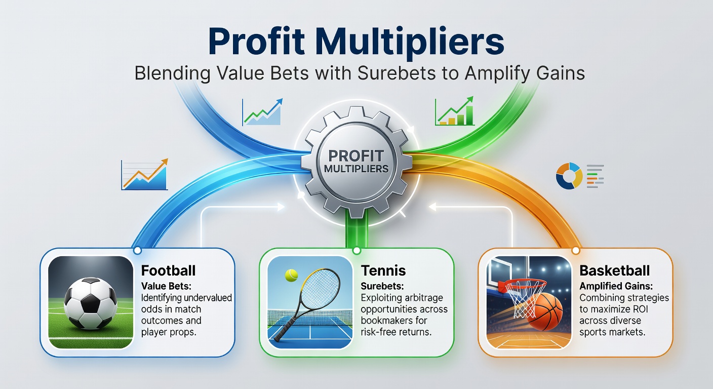 Graph illustrating profit growth curves from blended value and surebet strategies in basketball, with overlaid lines for football and tennis performance