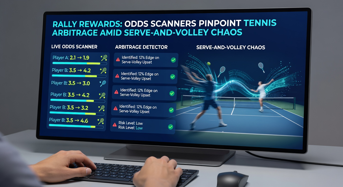 Tennis player executing a serve-and-volley tactic during a high-stakes match, with digital odds overlays highlighting arbitrage opportunities