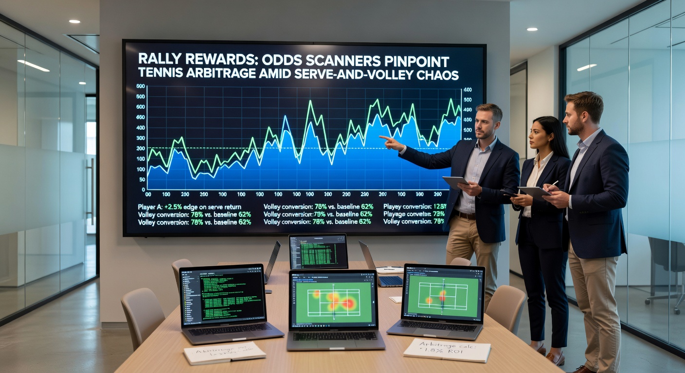 Close-up of odds scanner interface displaying live tennis arbitrage opportunities during an intense rally, with profit calculations highlighted