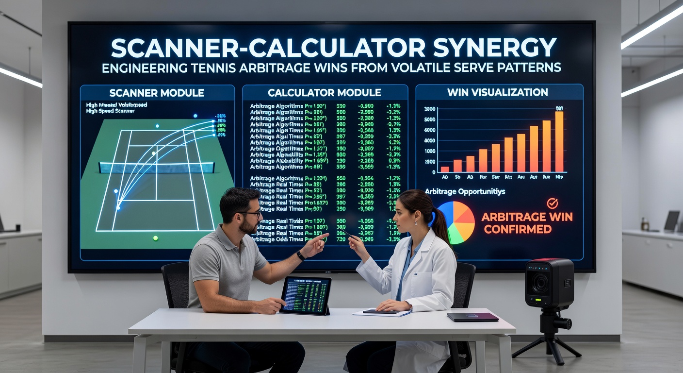 Close-up of calculator interface showing stake calculations and profit projections for a tennis arbitrage bet amid fluctuating serve odds