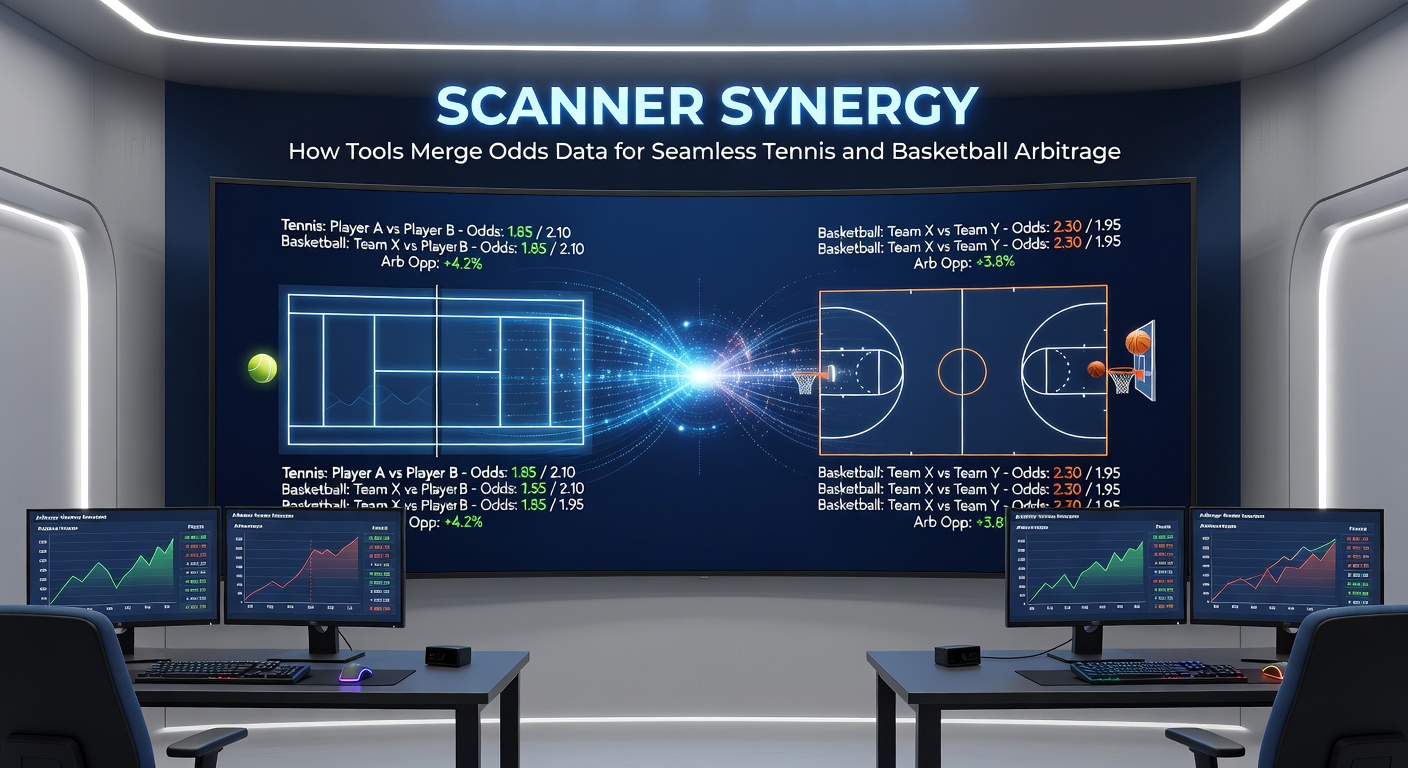 Digital dashboard displaying merged odds data from multiple bookmakers for tennis and basketball matches, highlighting arbitrage opportunities in real-time.