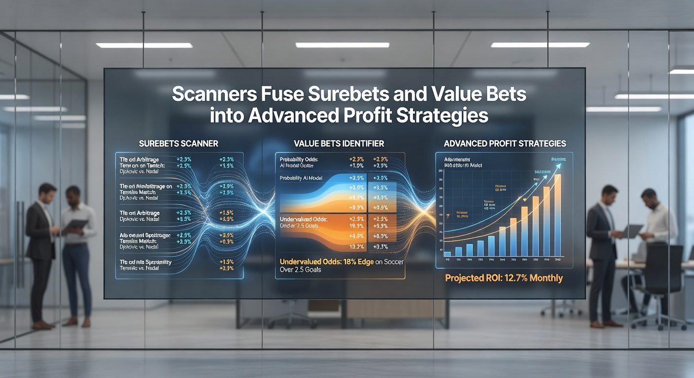 Graph showing profit curves from fused surebet-value strategies versus traditional methods, with peaks during live events and steady growth over time