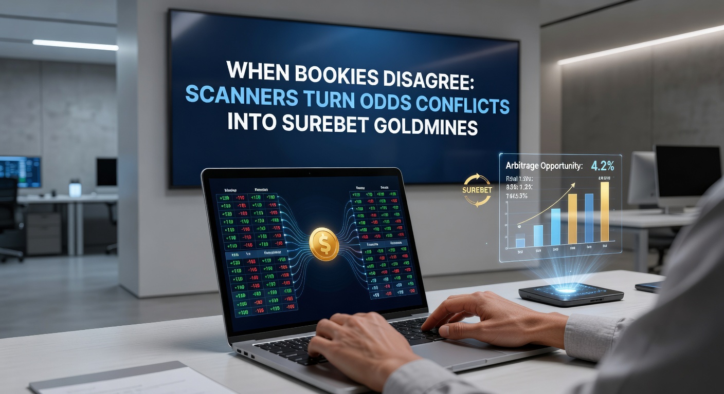 Digital scanner interface highlighting conflicting odds across multiple bookmakers for a surebet opportunity